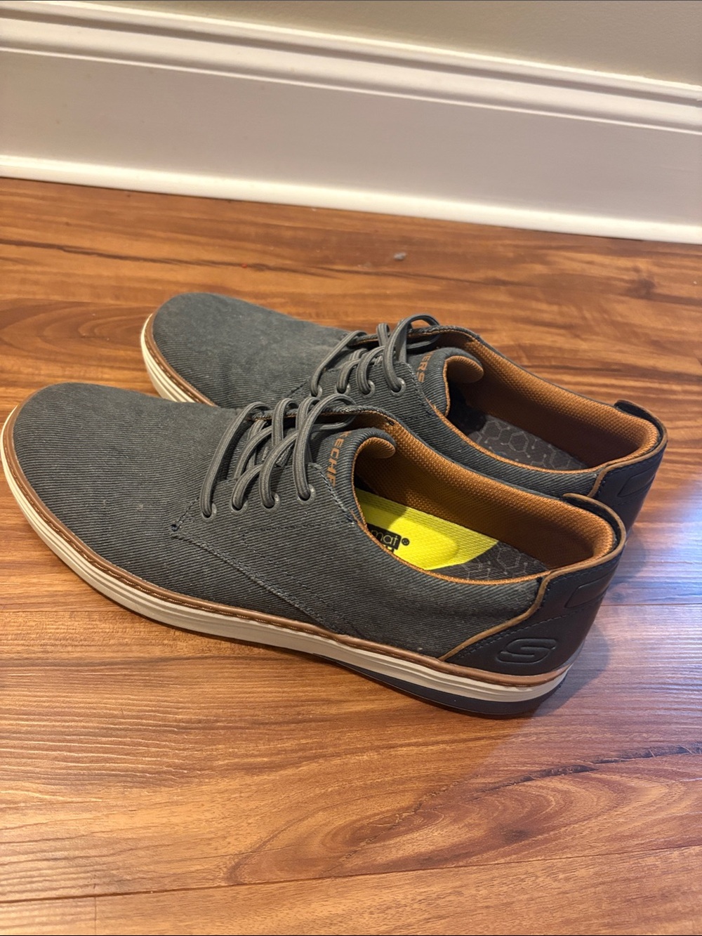 Skechers Men's Denim Canvas Slip-On Sneakers with Brown Trim